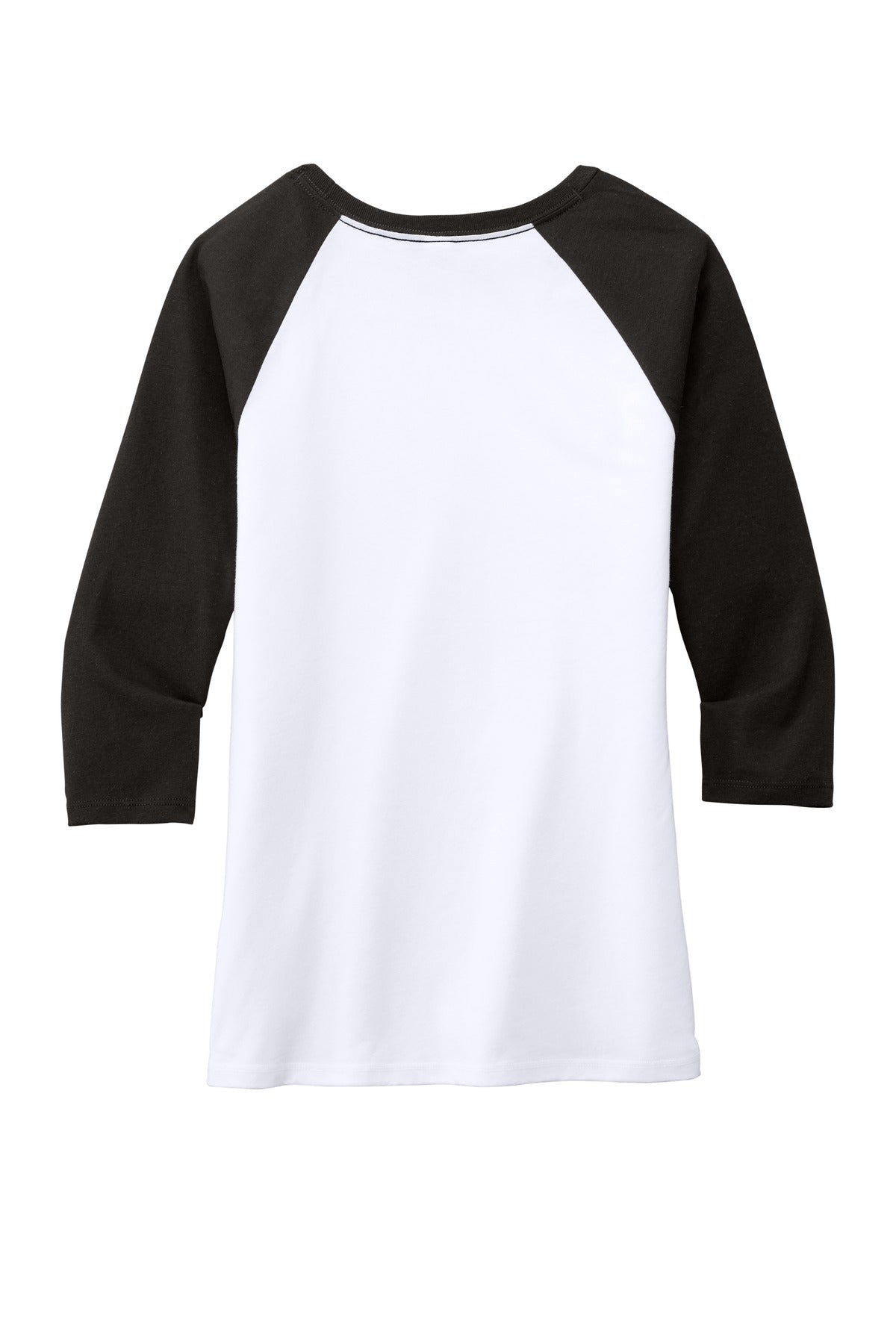 Front View of Black/White District Women's Perfect Tri 3/4-Sleeve Raglan. DM136L