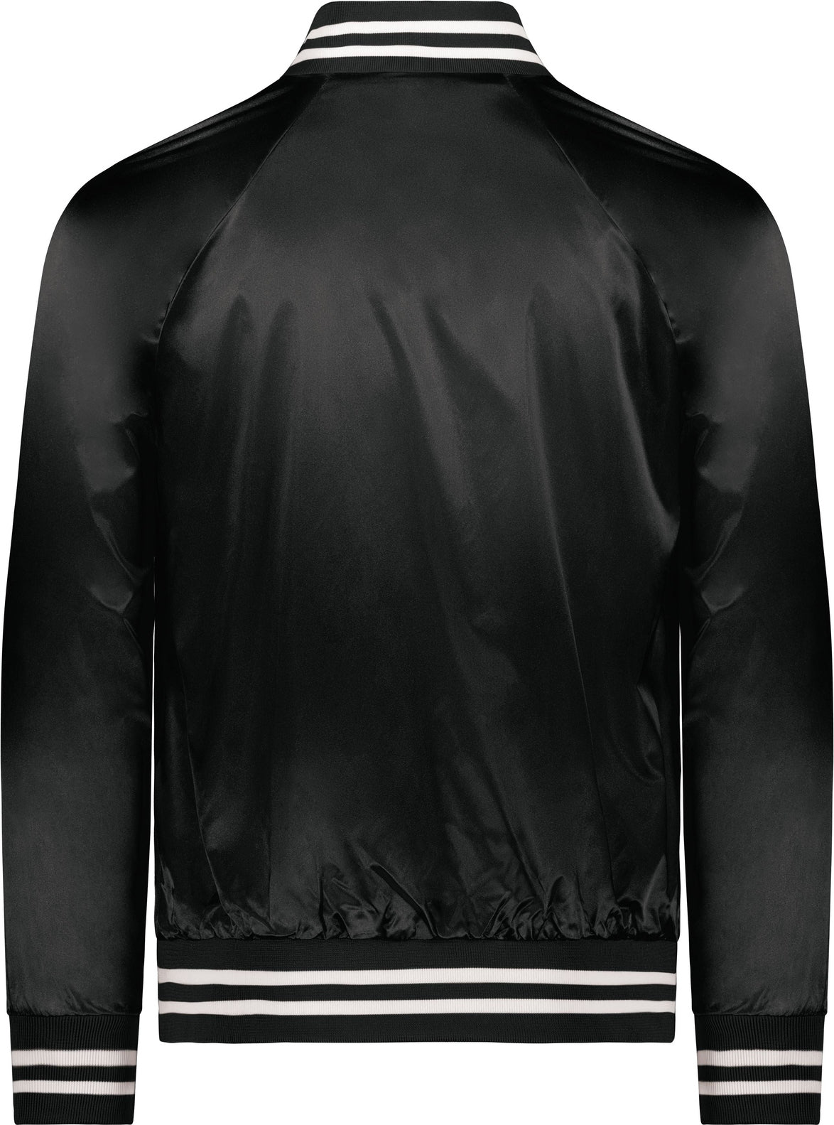 Rear View of BLACK/WHITE SATIN BASEBALL JKT/STRIPED TRM