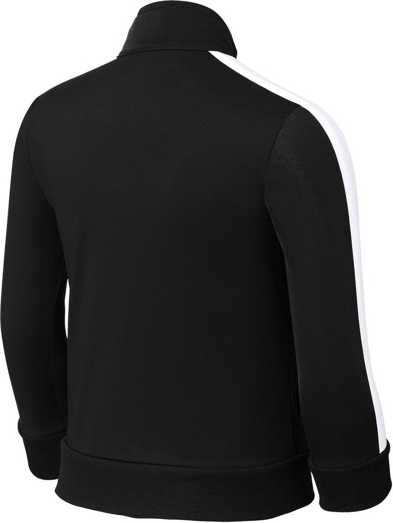 Front View of Black/White Sport-Tek Youth Tricot Sleeve Stripe Track Jacket. YST94