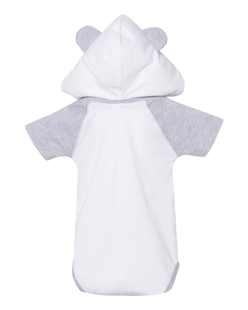 Front View of Blended White/ Vintage Heather Fine Jersey Infant Short Sleeve Raglan Bodysuit with Hood & Ears - 4417