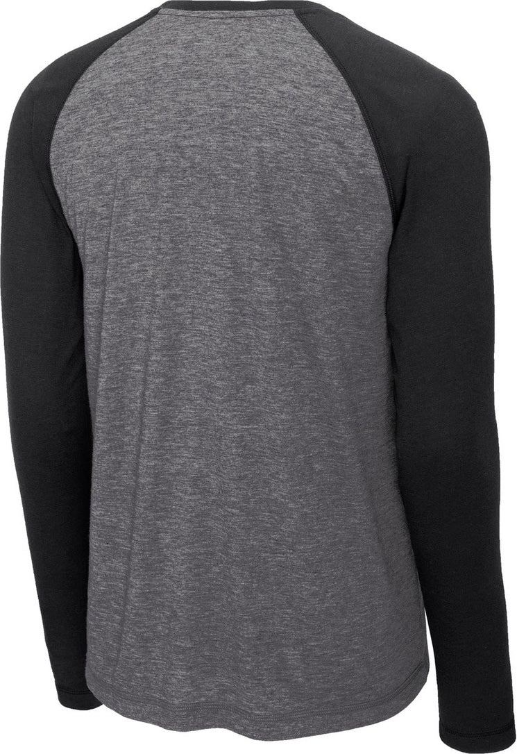 Rear View of Blk TS/Dk Gy H Sport-Tek PosiCharge Long Sleeve Tri-Blend Wicking Raglan Tee ST400LS