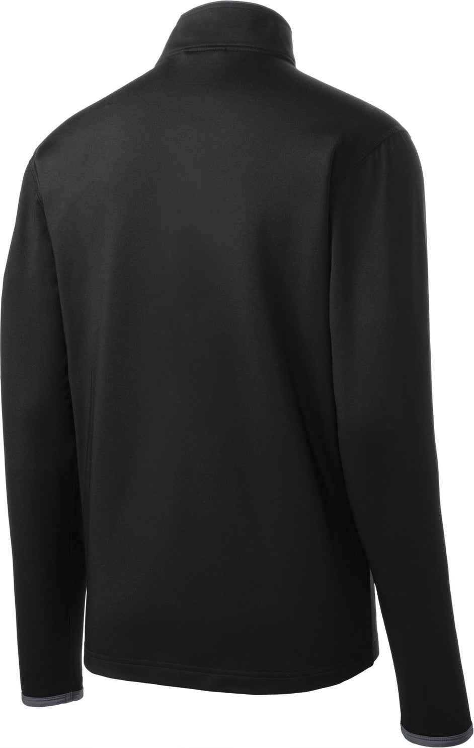 Rear View of Blk/Char Grey Sport-Tek Sport-Wick Stretch Contrast Full-Zip Jacket. ST853