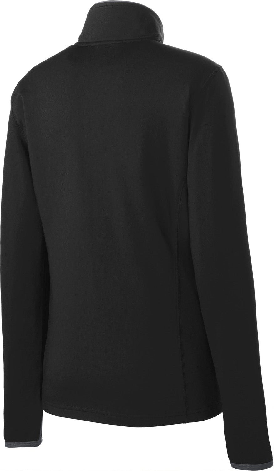 Front View of Blk/Char Grey Sport-Tek Women's Sport-Wick Stretch Contrast Full-Zip Jacket. LST853