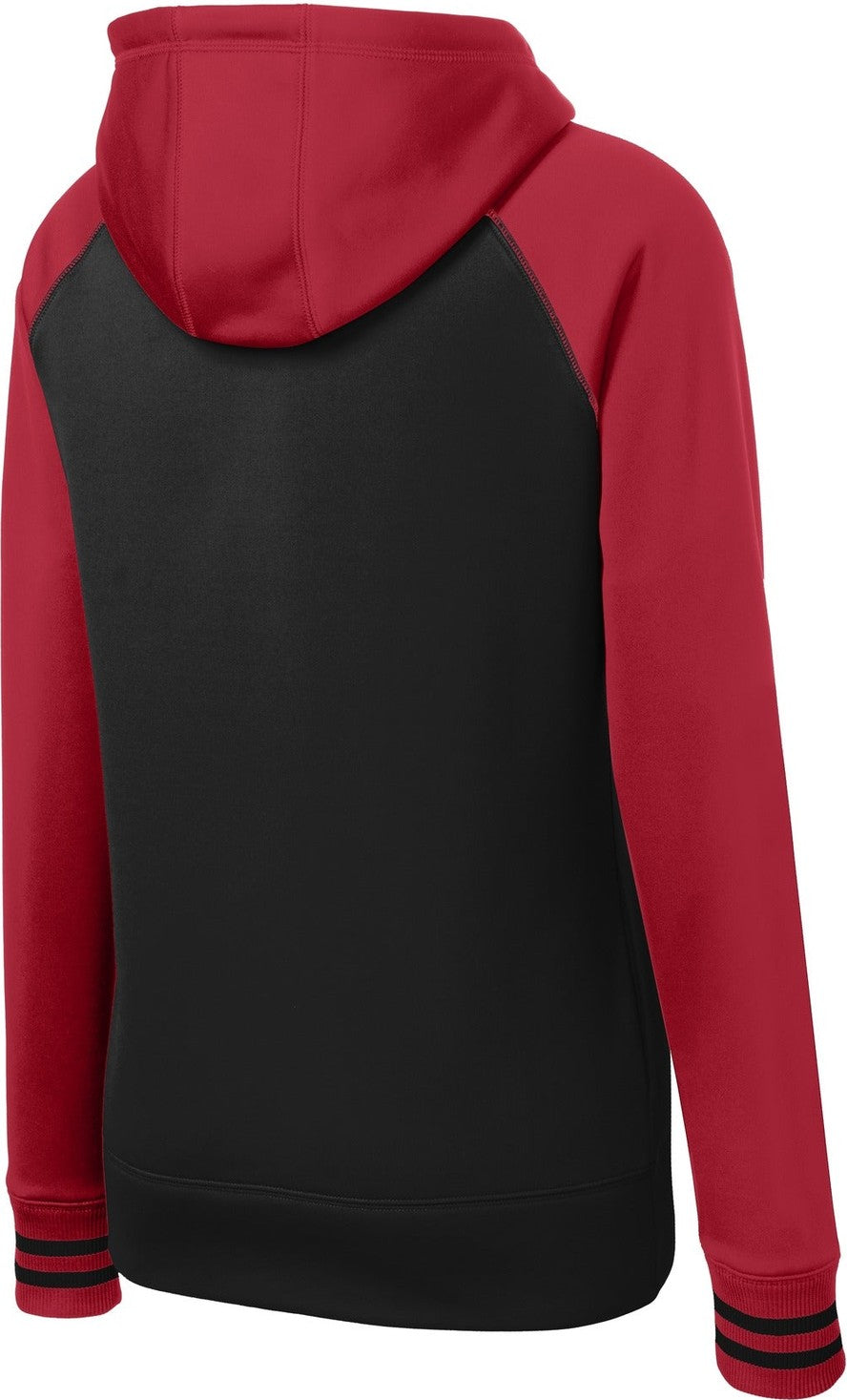 Rear View of Blk/Deep Red Sport-Tek Women's Sport-Wick Varsity Fleece Full-Zip Hooded Jacket. LST236