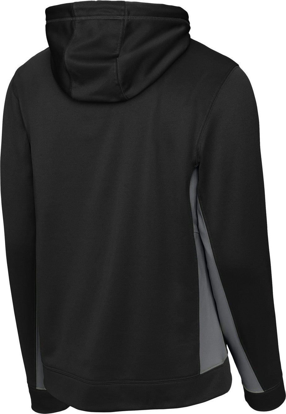 Front View of Blk/Dk Smk Gry Sport-Tek Sport-Wick Fleece Colorblock Hooded Pullover. ST235