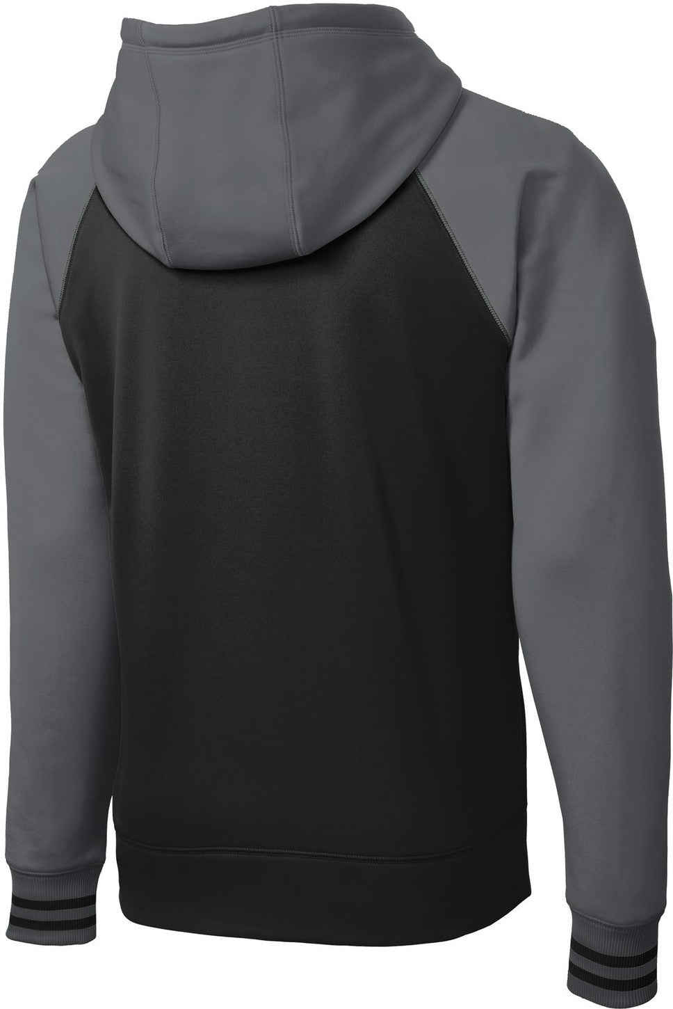 Front View of Blk/Dk Smk Gry Sport-Tek Sport-Wick Varsity Fleece Full-Zip Hooded Jacket. ST236