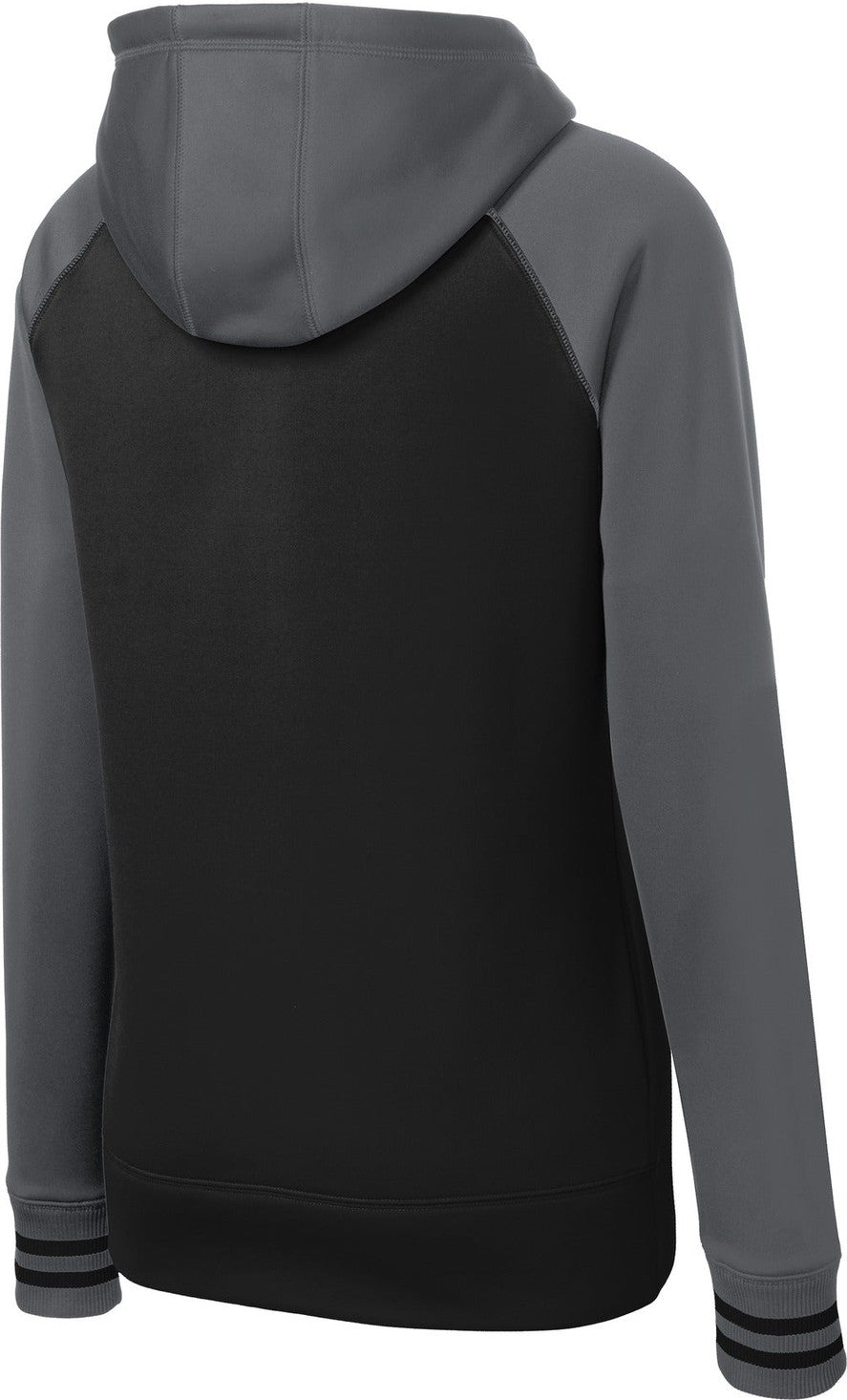 Front View of Blk/Dk Smk Gry Sport-Tek Women's Sport-Wick Varsity Fleece Full-Zip Hooded Jacket. LST236