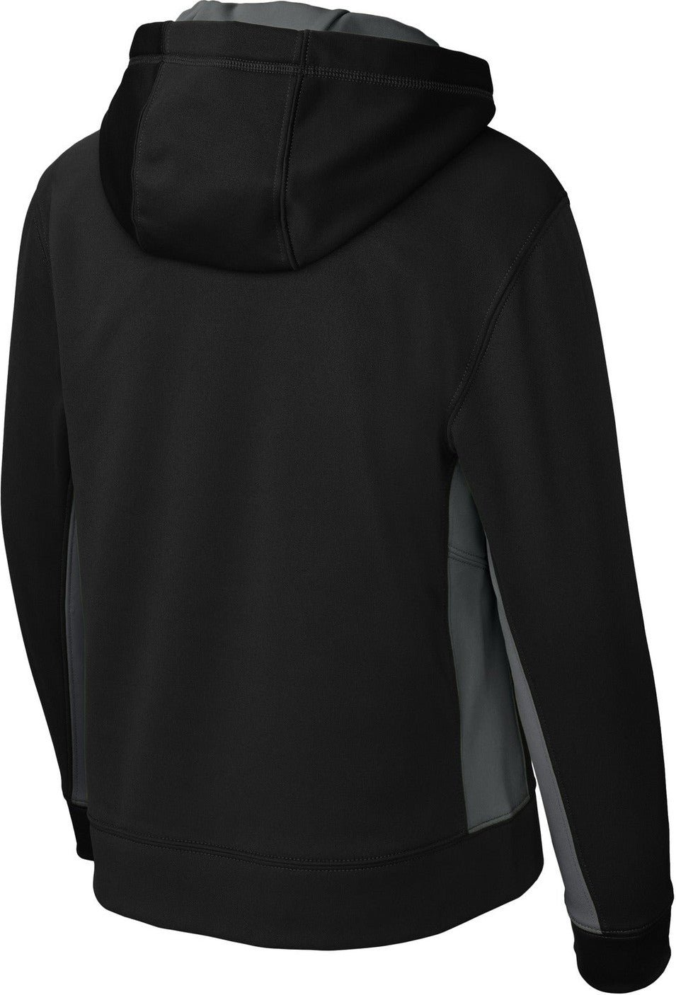 Front View of Blk/Dk Smk Gry Sport-Tek Youth Sport-Wick Fleece Colorblock Hooded Pullover. YST235