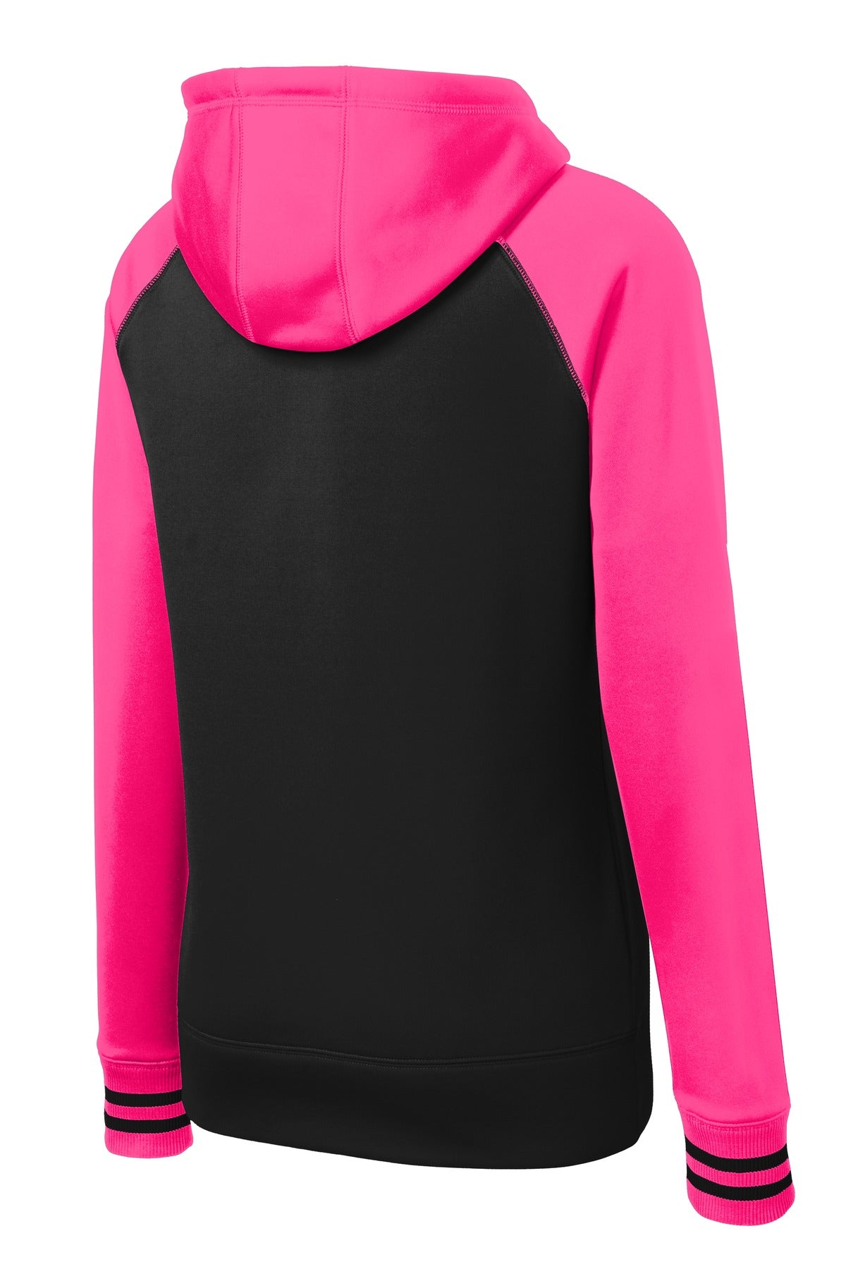 Front View of Blk/Neon Pink Sport-Tek Women's Sport-Wick Varsity Fleece Full-Zip Hooded Jacket. LST236