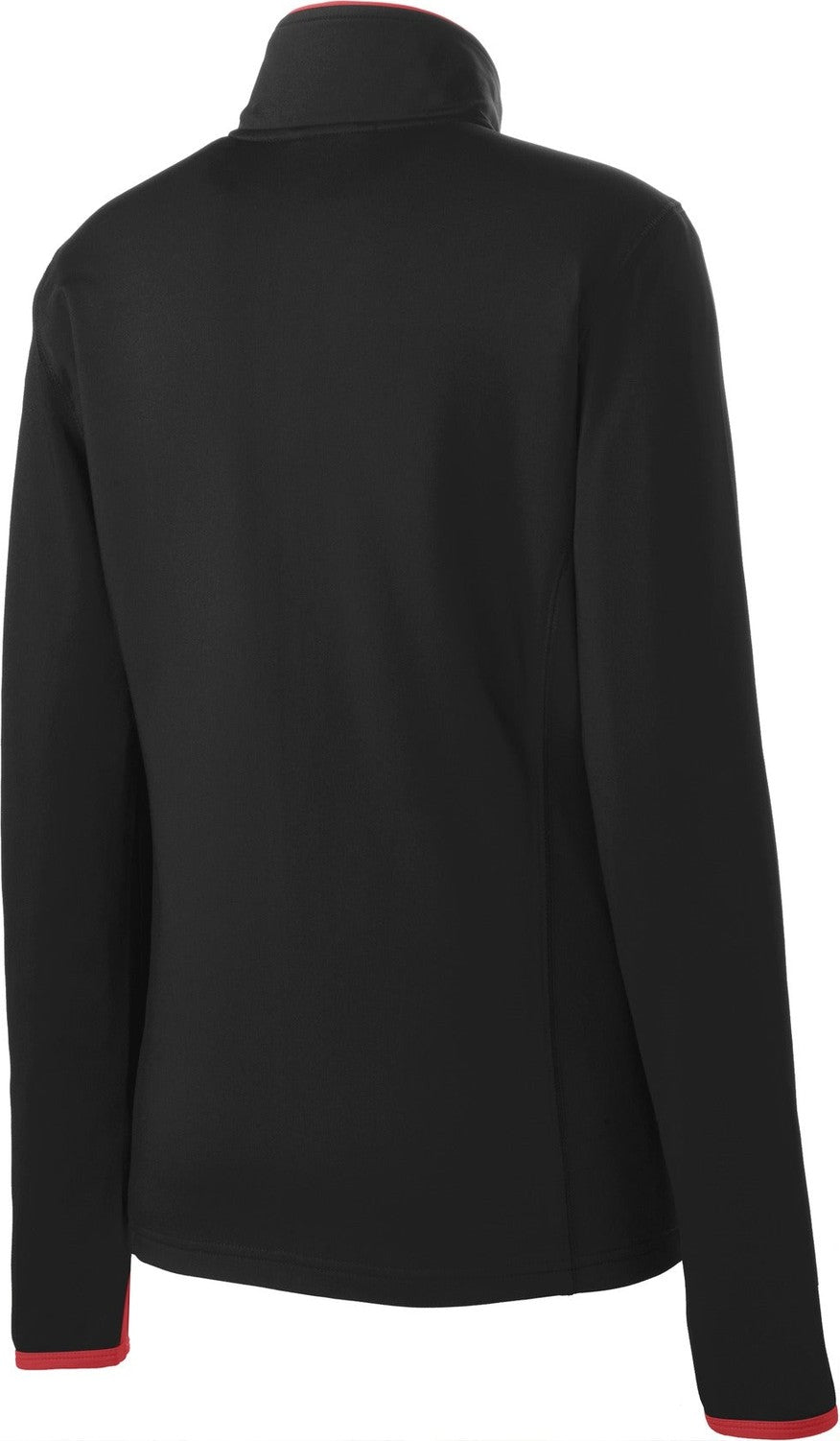 Front View of Blk/True Red Sport-Tek Women's Sport-Wick Stretch Contrast Full-Zip Jacket. LST853