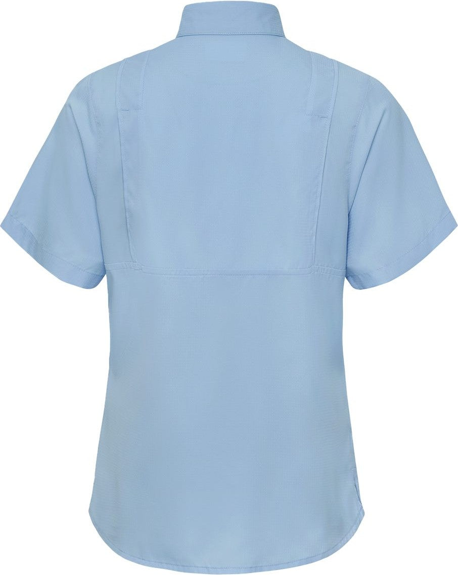 Rear View of Blue Mist Women's Hatteras Performance Short Sleeve Fishing Shirt - 704