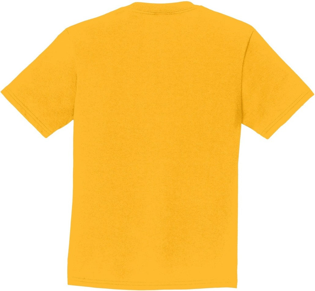 Rear View of Bright Gold Port & Co Youth Fan Favorite Tee. PC450Y
