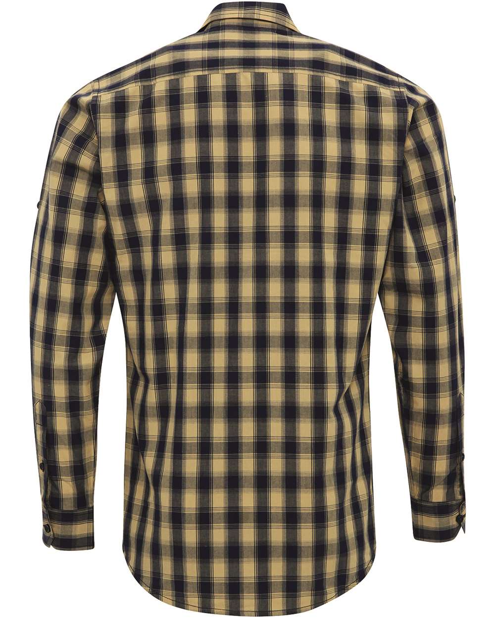 Front View of Camel/ Navy Men's Mulligan Check Cotton Shirt - RP250