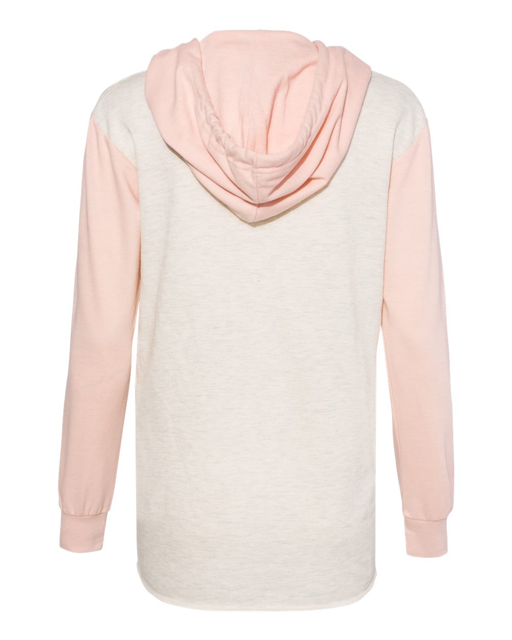 Front View of Cameo Pink/ Oatmeal Women’s French Terry Hooded Pullover with Colorblocked Sleeves - W20145