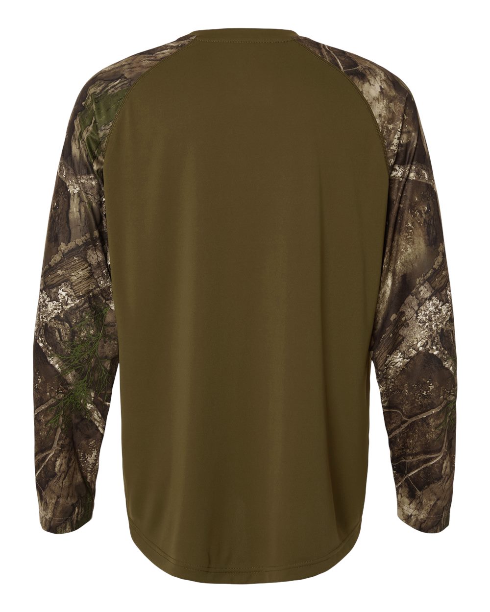 Rear View of Camo/ Green Unisex Realtree® Performance Colorblocked Long Sleeve T-Shirt - RT3104 plain