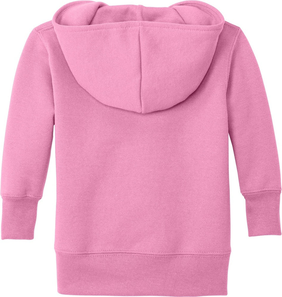 Rear View of Candy Pink Port & Co Infant Core Fleece Full-Zip Hooded Sweatshirt. CAR78IZH