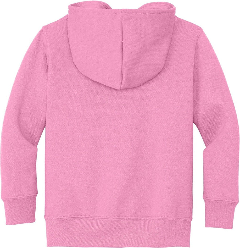 Front View of Candy Pink Port & Co Toddler Core Fleece Full-Zip Hooded Sweatshirt. CAR78TZH