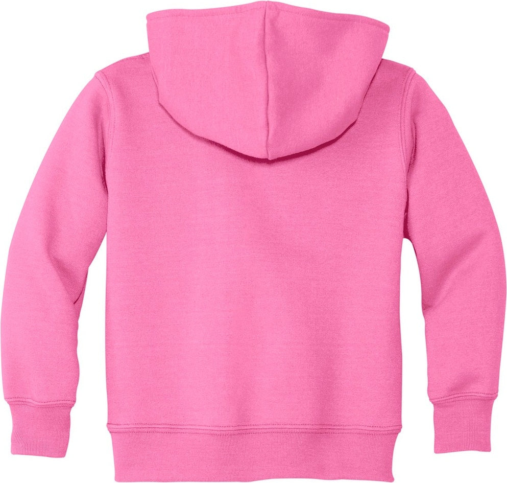 Front View of Candy Pink Port & Co Toddler Core Fleece Pullover Hooded Sweatshirt. CAR78TH