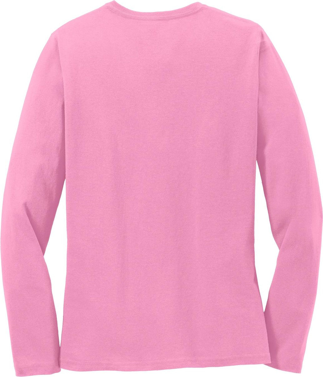 Rear View of Candy Pink Port & Co Women's Long Sleeve Core Cotton Tee. LPC54LS