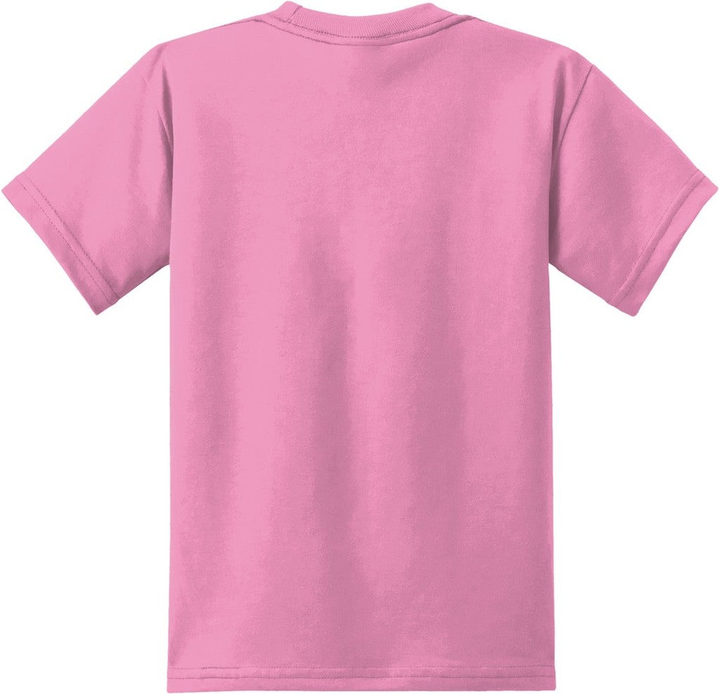 Front View of Candy Pink Port & Co Youth Core Blend Tee. PC55Y