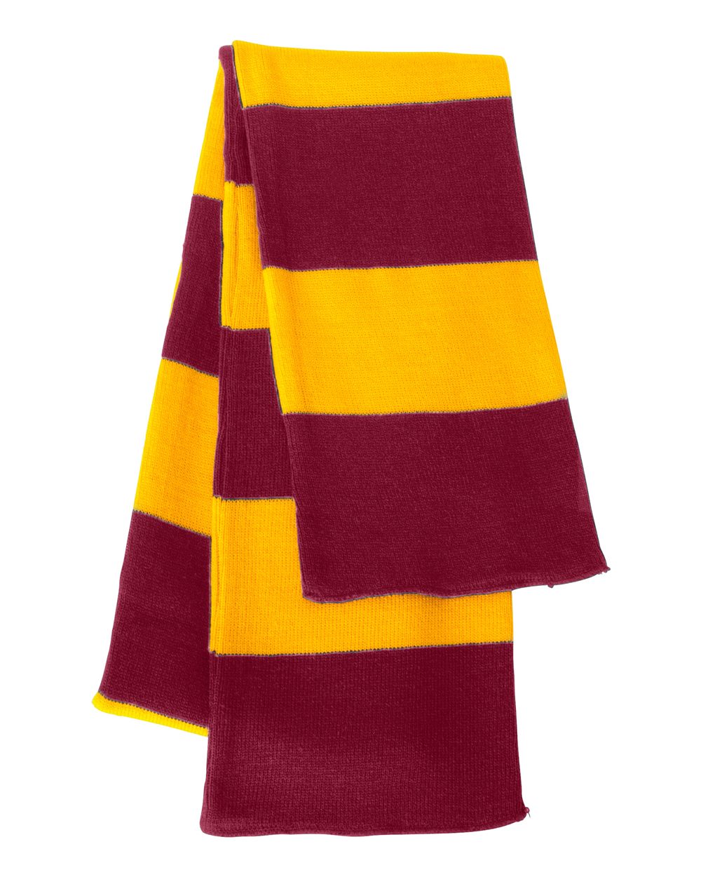 Front View of Cardinal/ Gold Rugby-Striped Knit Scarf - SP02