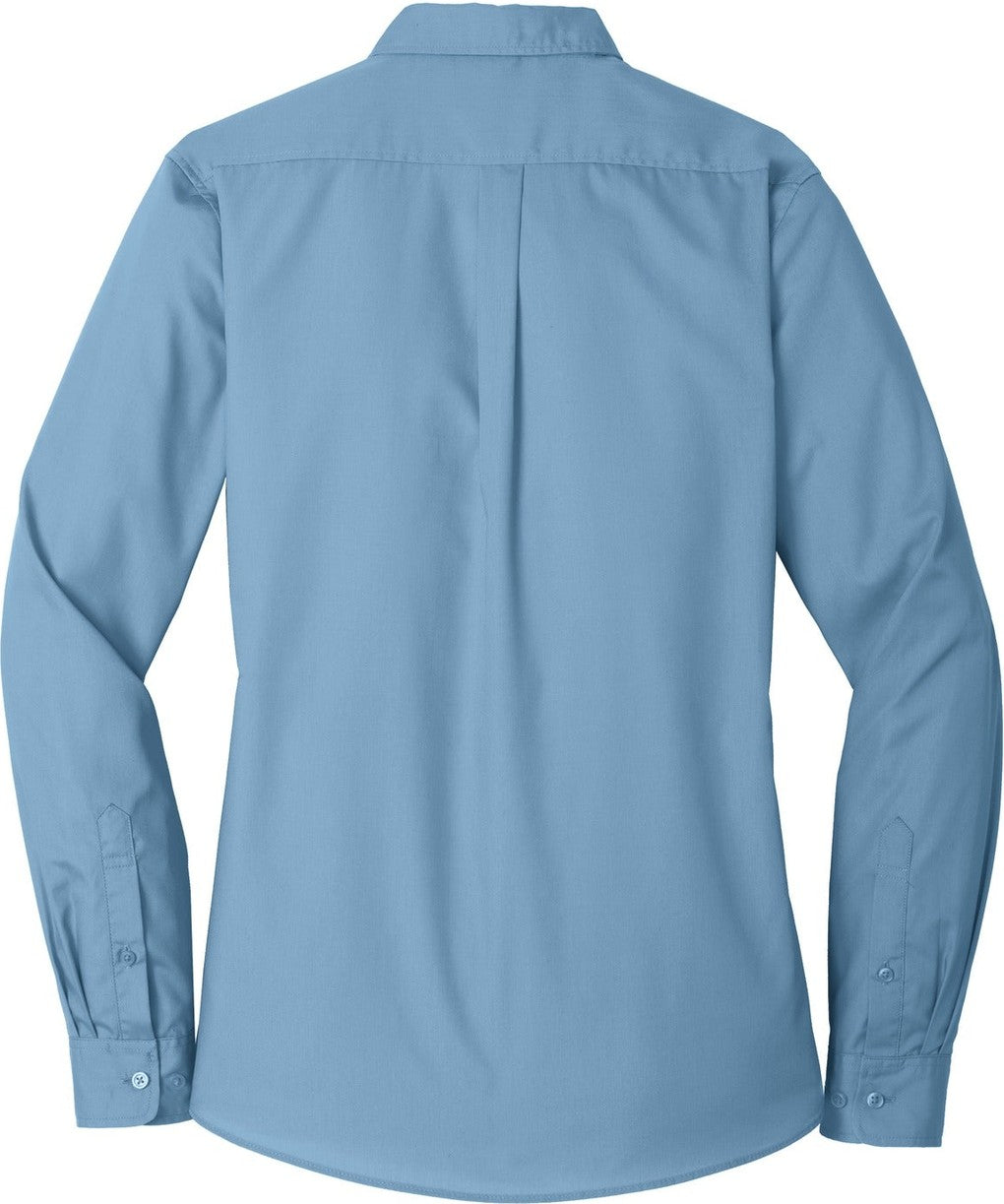 Rear View of Carolina Blue Port Authority Women's Long Sleeve Carefree Poplin Shirt. LW100