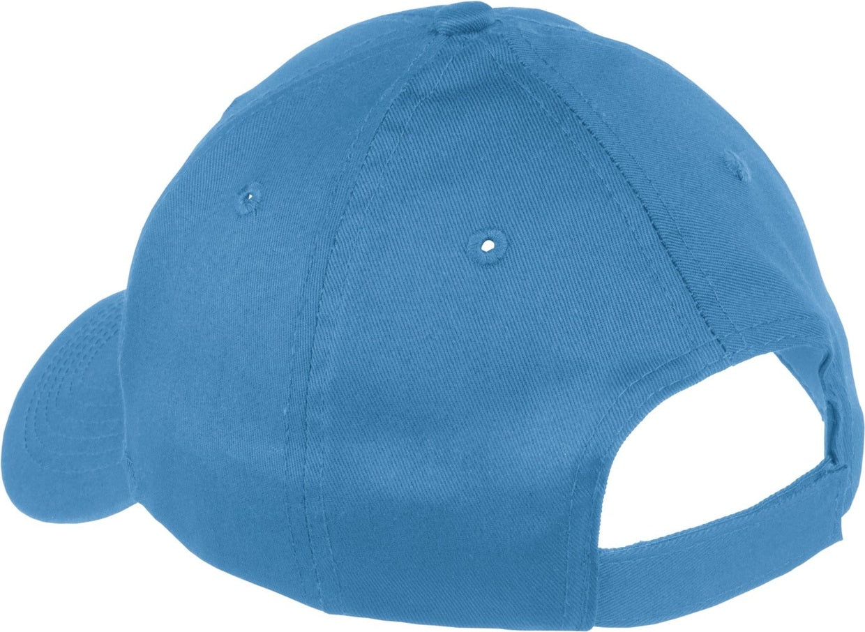 Front View of Carolina Blue Port Authority Youth Six-Panel Twill Cap. YCP80