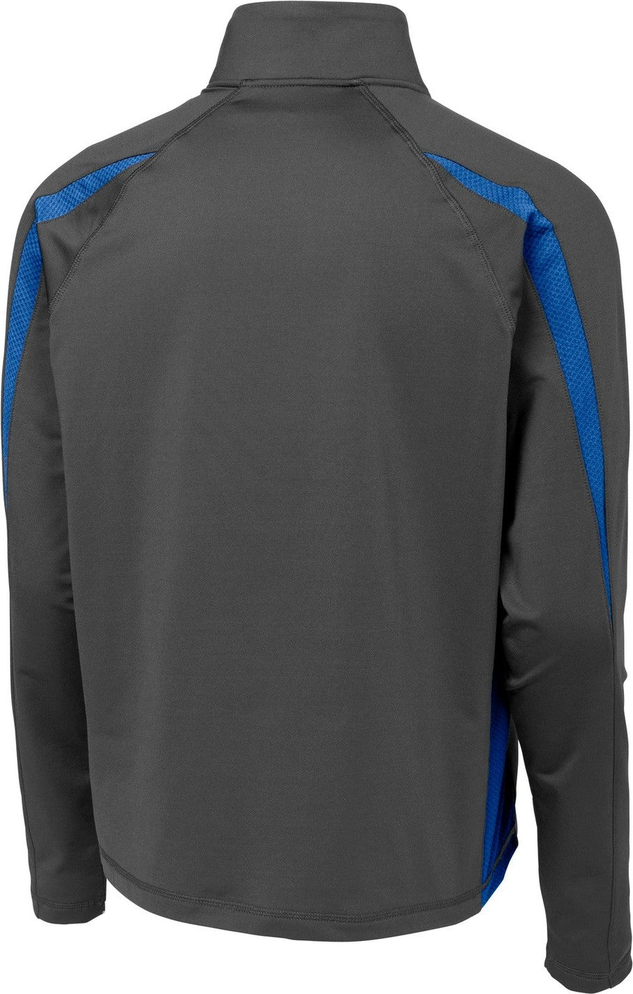 Rear View of Char Gry/Green Sport-Tek Sport-Wick Stretch 1/4-Zip Colorblock Pullover. ST851