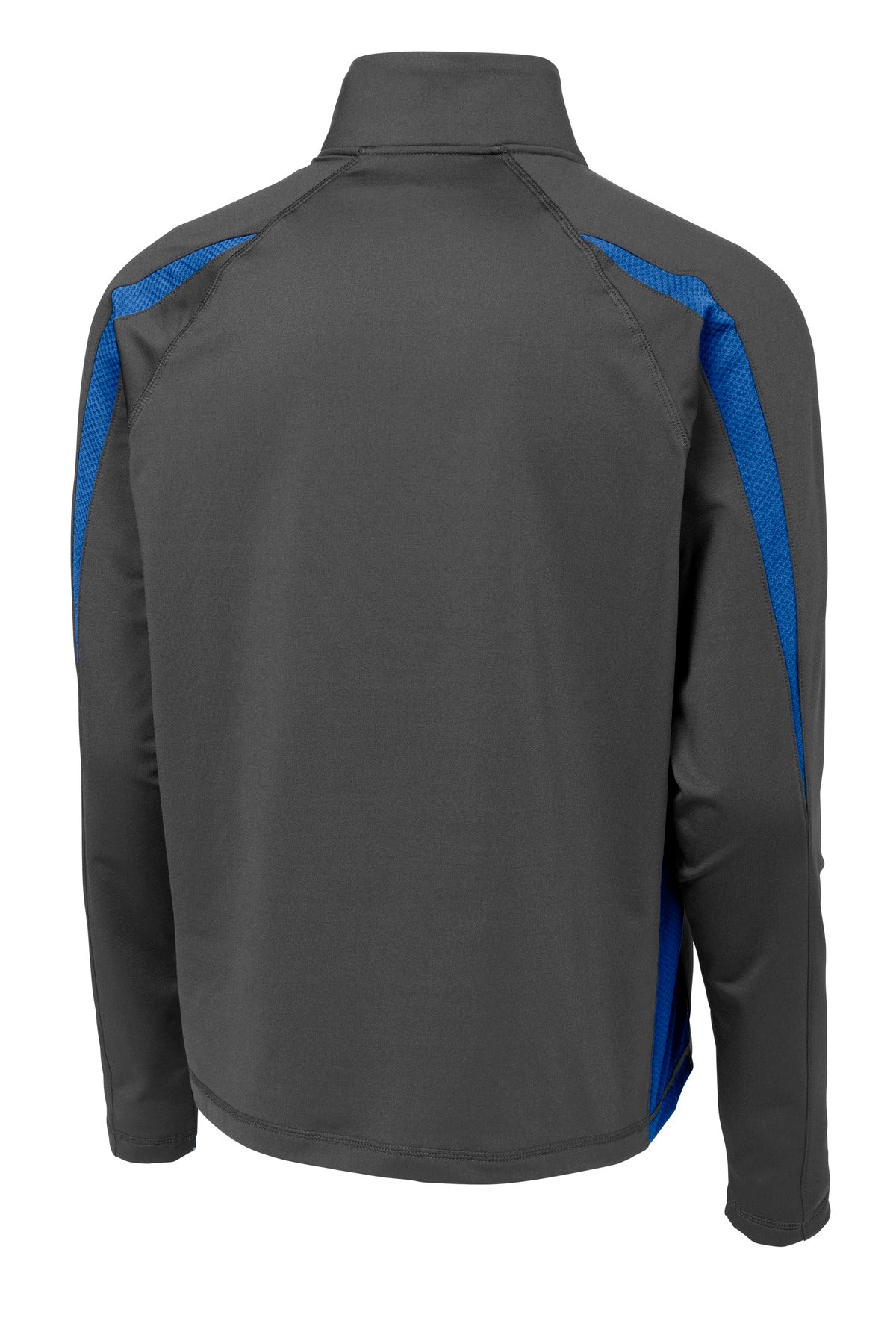 Rear View of Char Gry/TrRyl Sport-Tek Sport-Wick Stretch 1/4-Zip Colorblock Pullover. ST851