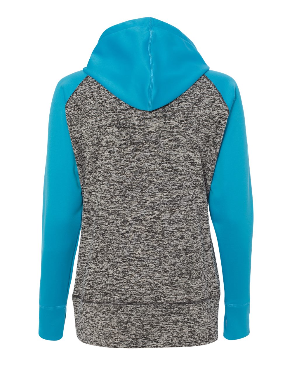 Front View of Charcoal Fleck/ Electric Blue Women’s Colorblocked Cosmic Fleece Hooded Sweatshirt - 8618