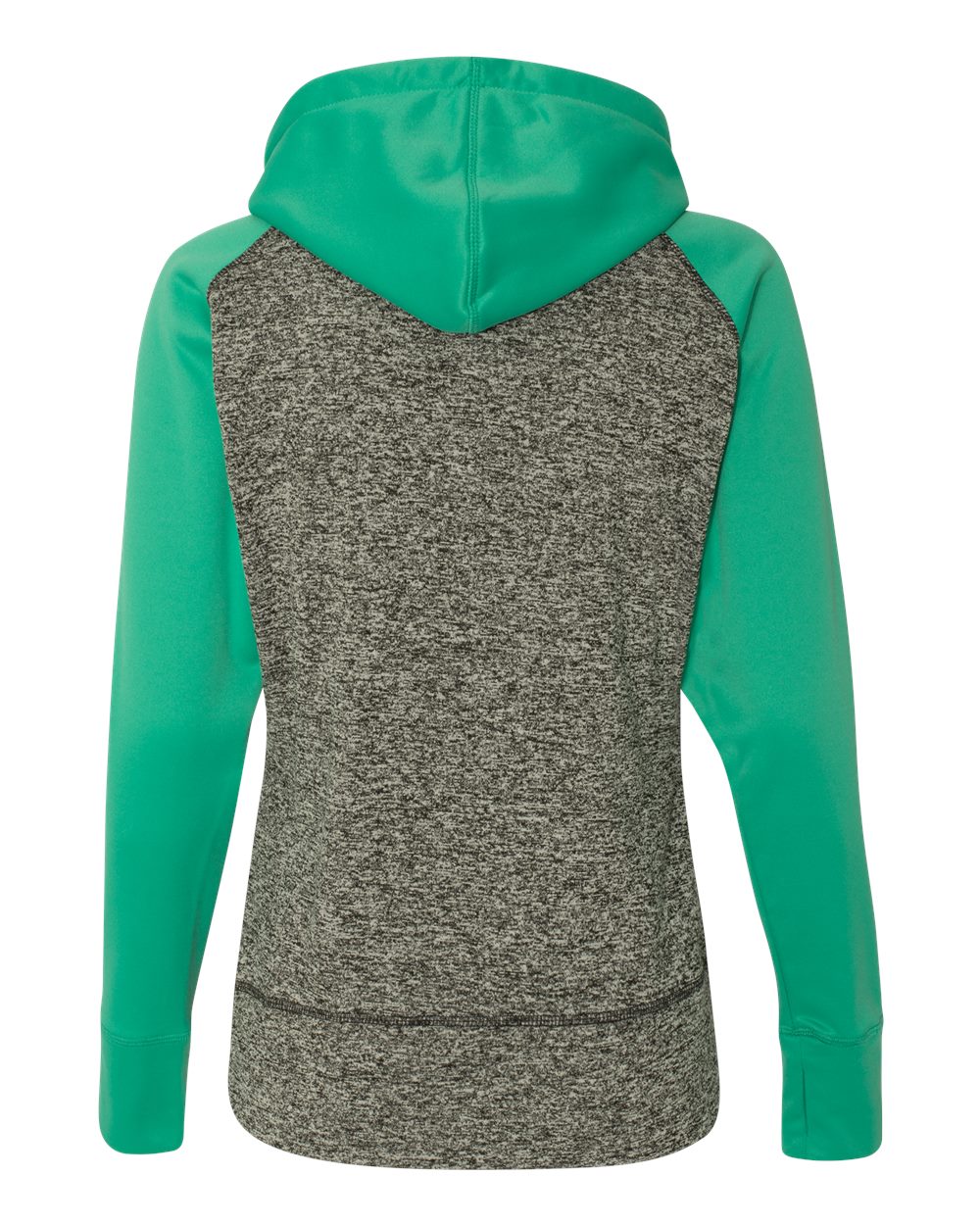 Front View of Charcoal Fleck/ Emerald Women’s Colorblocked Cosmic Fleece Hooded Sweatshirt - 8618