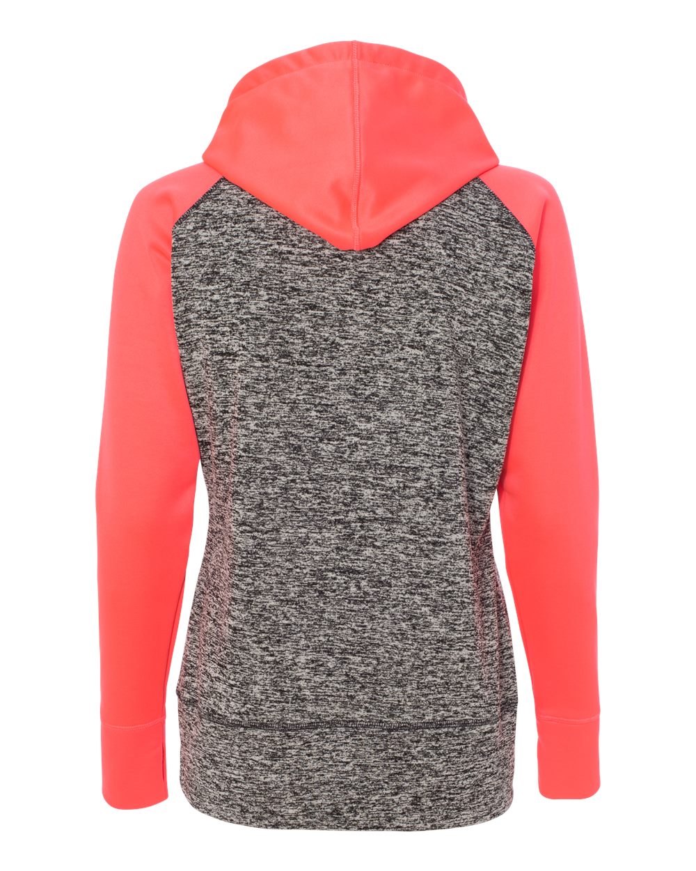 Front View of Charcoal Fleck/ Fire Coral Women’s Colorblocked Cosmic Fleece Hooded Sweatshirt - 8618