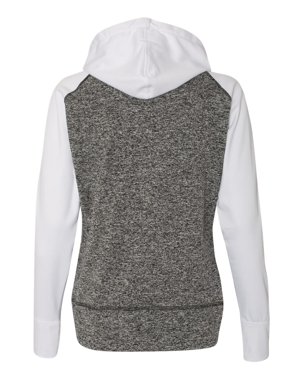 Rear View of Charcoal Fleck/ White Women’s Colorblocked Cosmic Fleece Hooded Sweatshirt - 8618