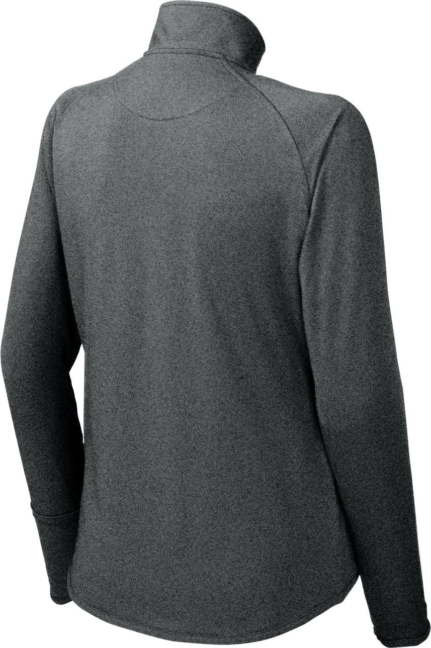 Rear View of Charcoal Gy He Sport-Tek Women's Sport-Wick Stretch 1/4-Zip Pullover. LST850