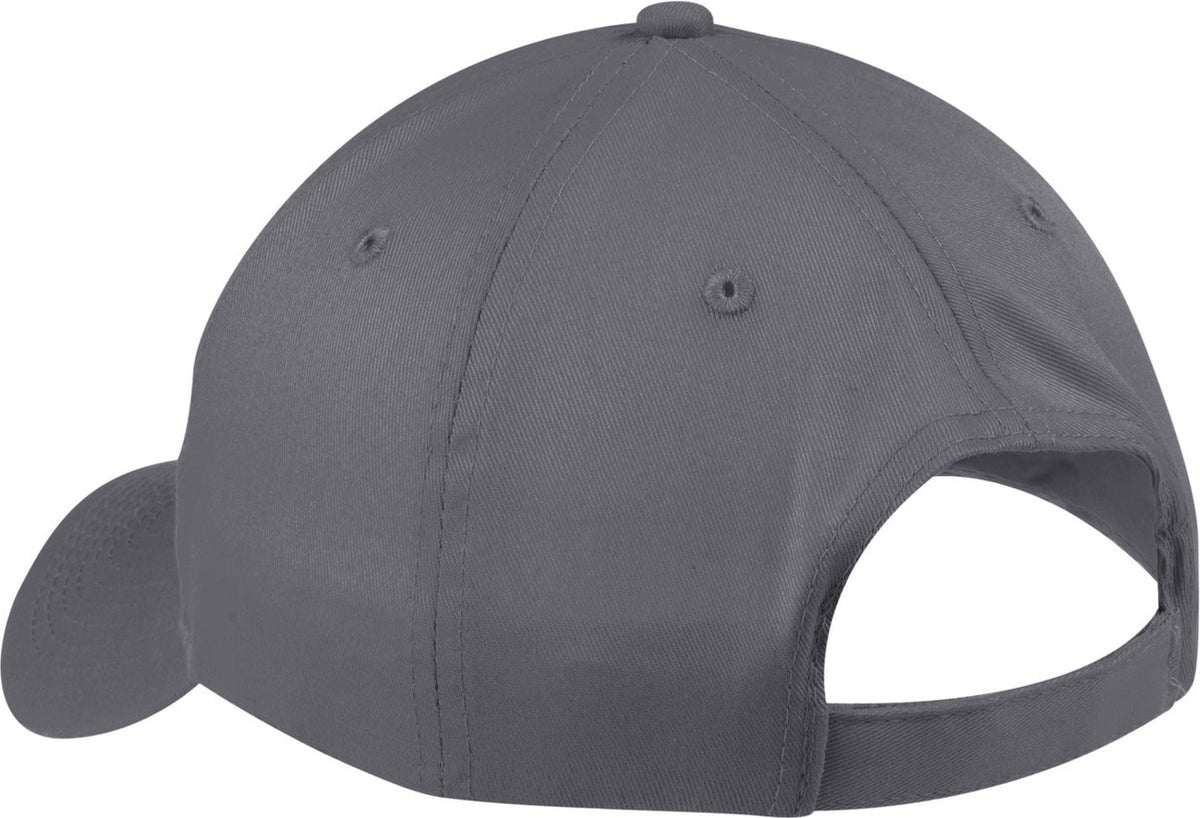 Rear View of Charcoal Port Authority Six-Panel Twill Cap. CP80