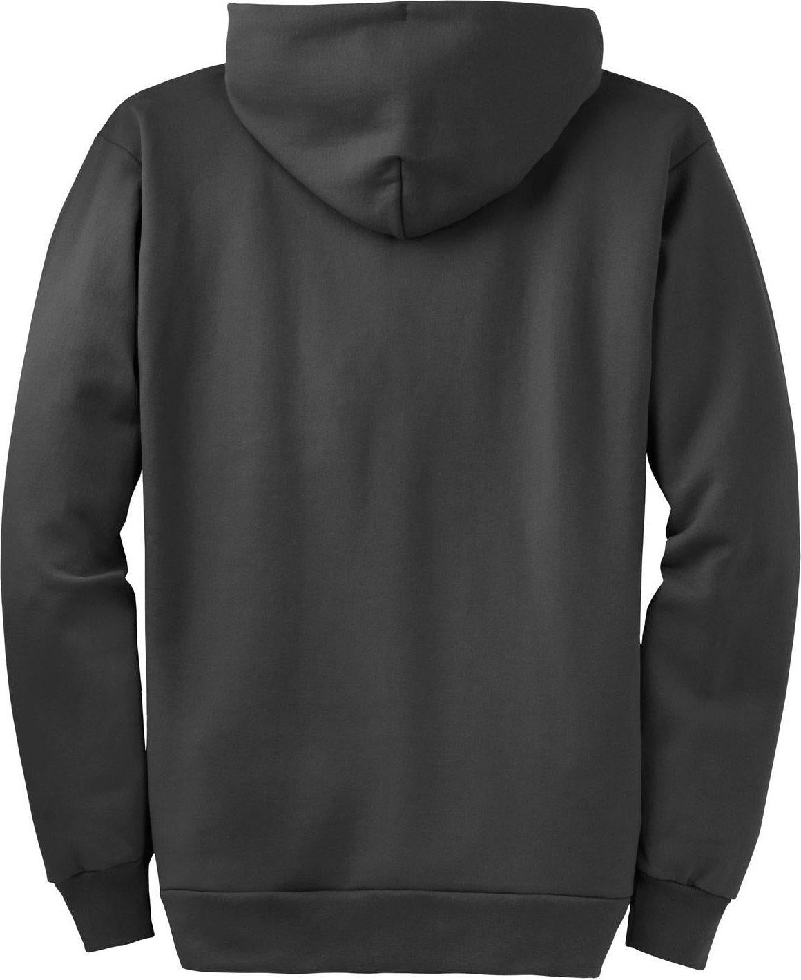 Rear View of Charcoal Port & Co Essential Fleece Full-Zip Hooded Sweatshirt. PC90ZH