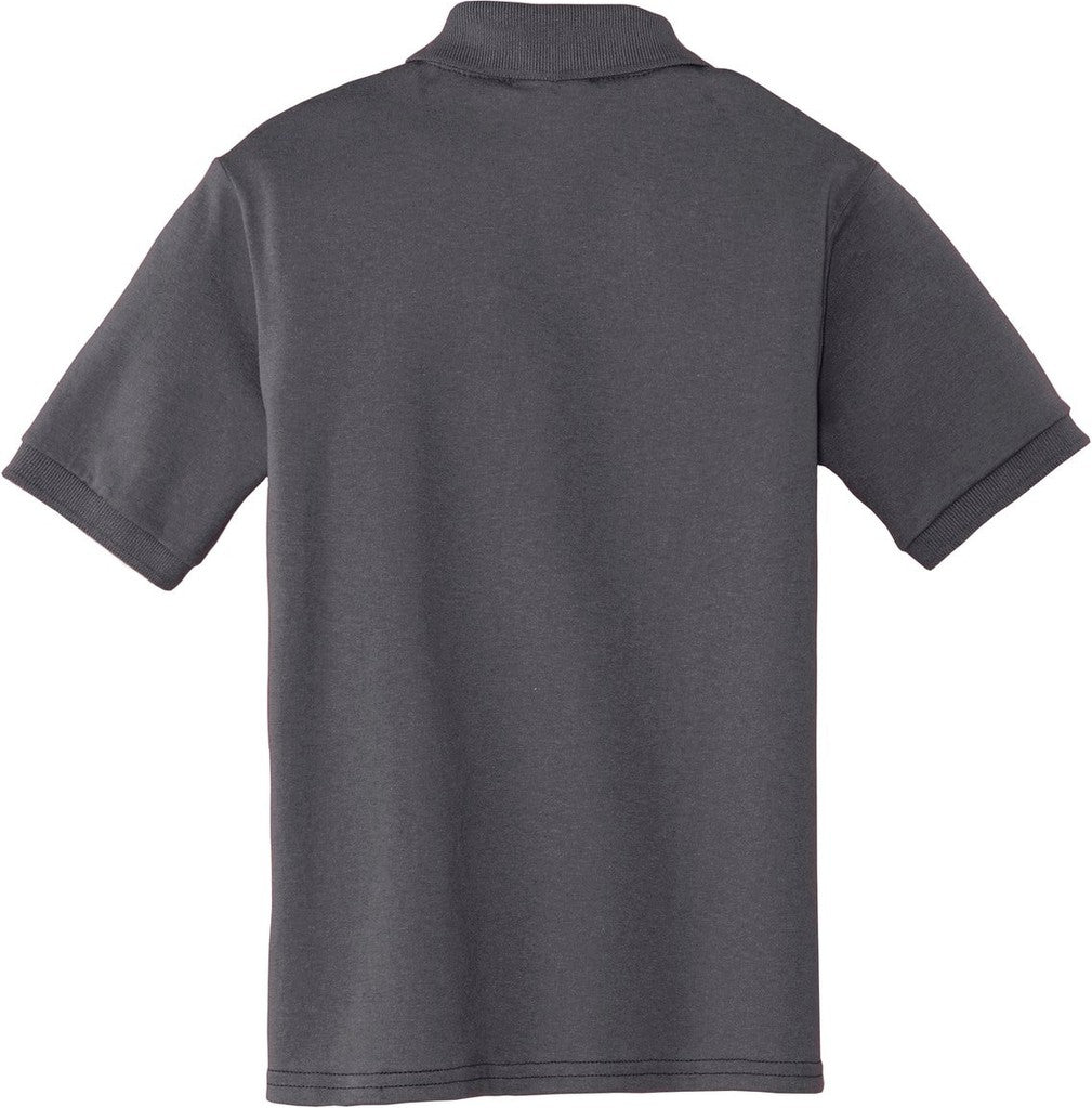 Rear View of Charcoal Port & Co Youth Core Blend Jersey Knit Polo. KP55Y