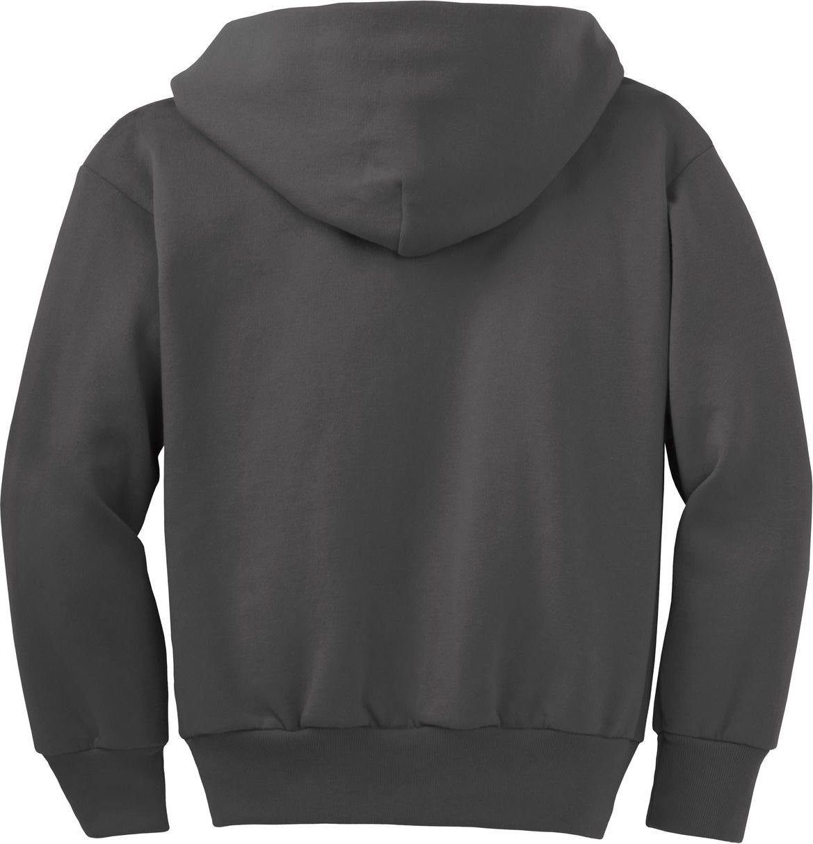 Rear View of Charcoal Port & Co Youth Core Fleece Full-Zip Hooded Sweatshirt. PC90YZH