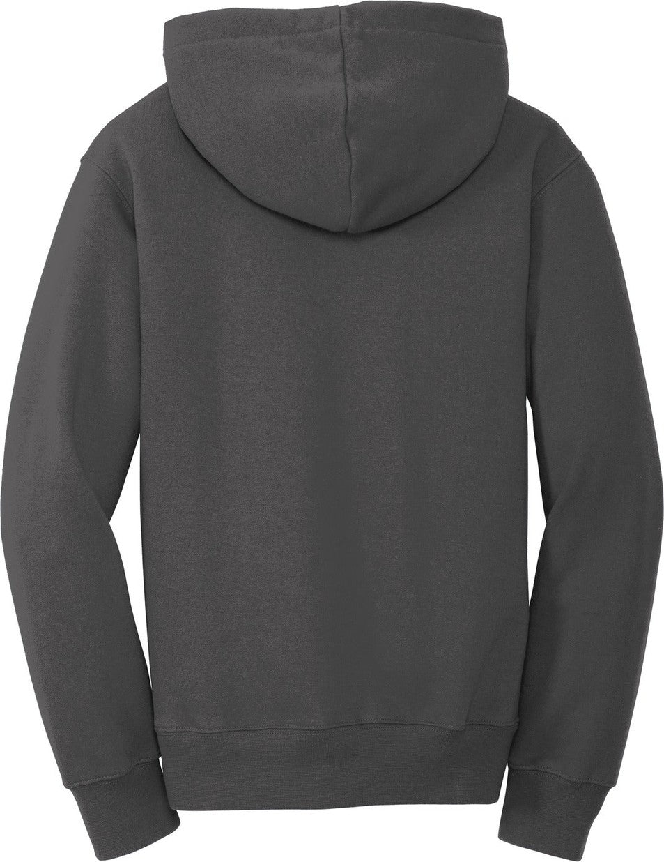 Rear View of Charcoal Port & Co Youth Fan Favorite Fleece Pullover Hooded Sweatshirt. PC850YH