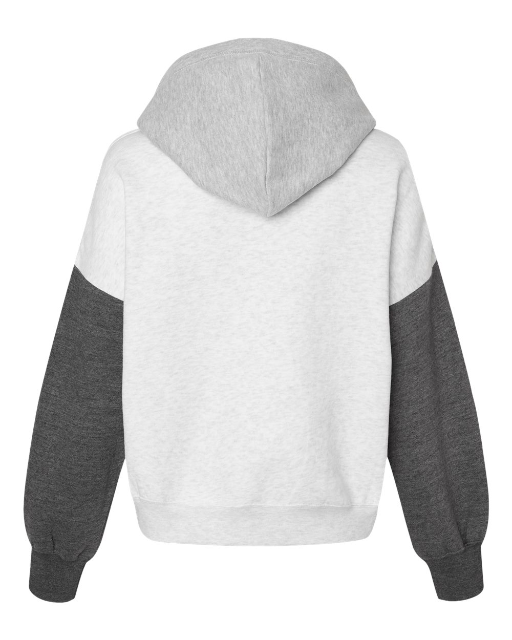 Rear View of Charcoal Women&#39;s Sueded Fleece Colorblocked Crop Hooded Sweatshirt - W23716