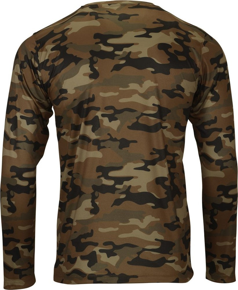 Rear View of Coyote Camo Woodland Performance Long Sleeve T-Shirt - 238