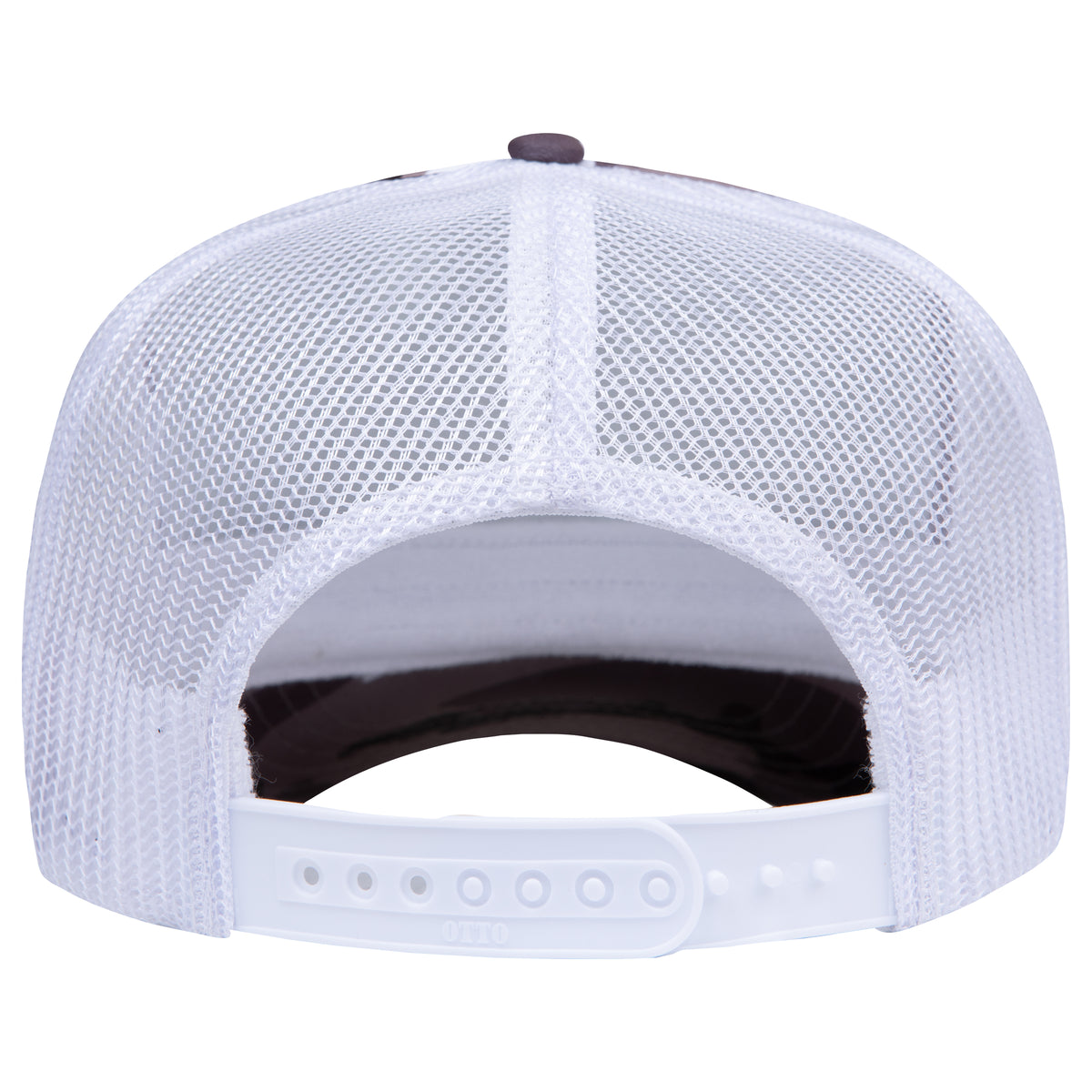 Rear View of CP34A16 - Snow Camo/Wht OTTO CAP 5 Panel High Crown Mesh Back Trucker Hat
