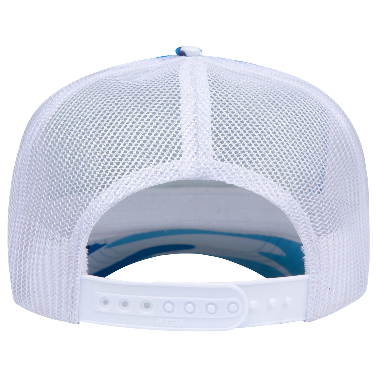 Rear View of CP34B16 - Sky Camo/Wht OTTO CAP 5 Panel High Crown Mesh Back Trucker Hat