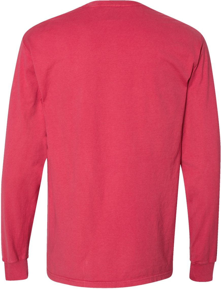 Front View of Crimson Fall Garment-Dyed Long Sleeve T-Shirt With a Pocket - GDH250