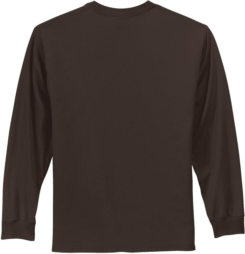 Front View of Dark Chocolate Port & Co Tall Long Sleeve Essential Tee. PC61LST