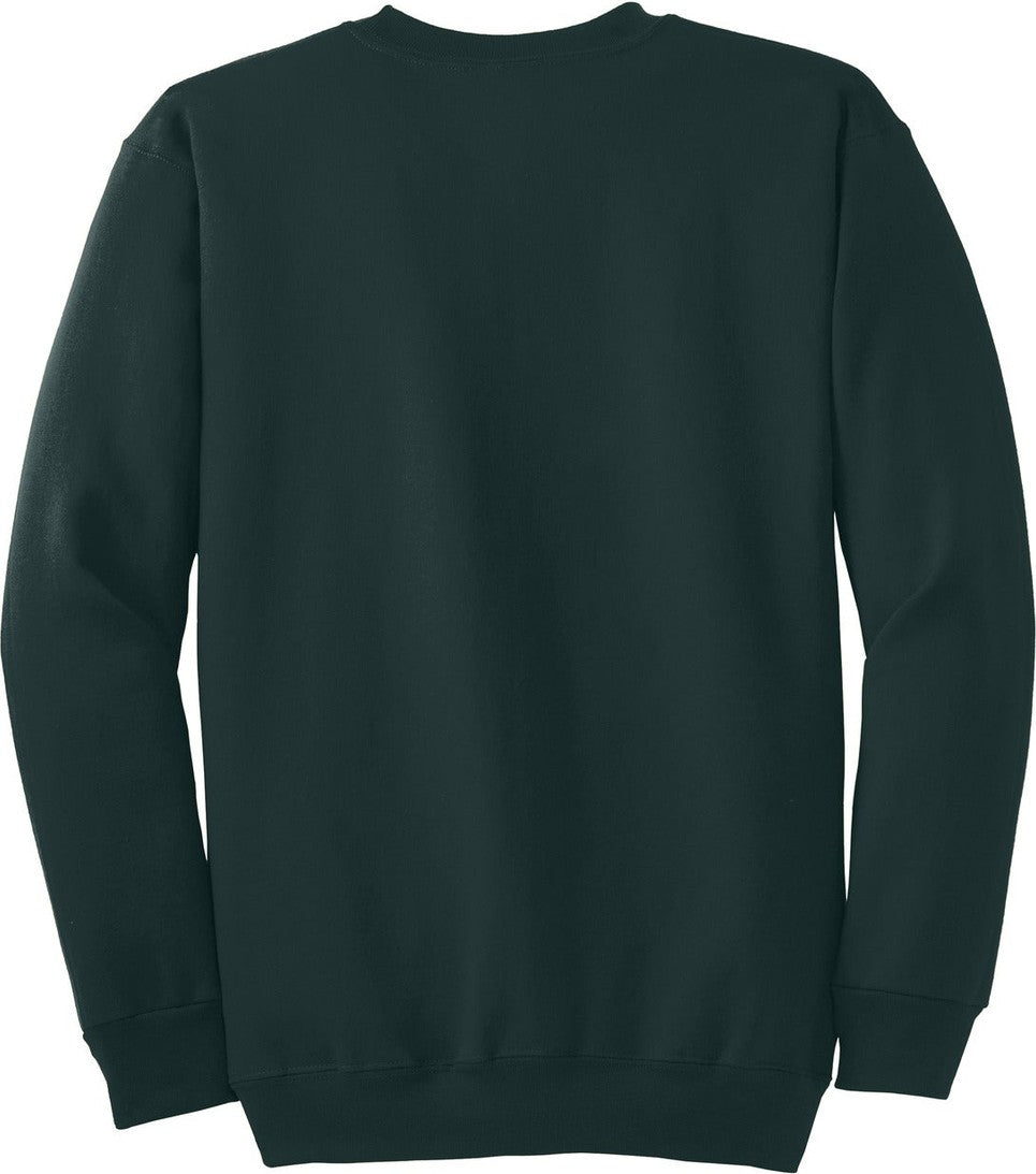 Rear View of Dark Green Port & Co Tall Essential Fleece Crewneck Sweatshirt. PC90T