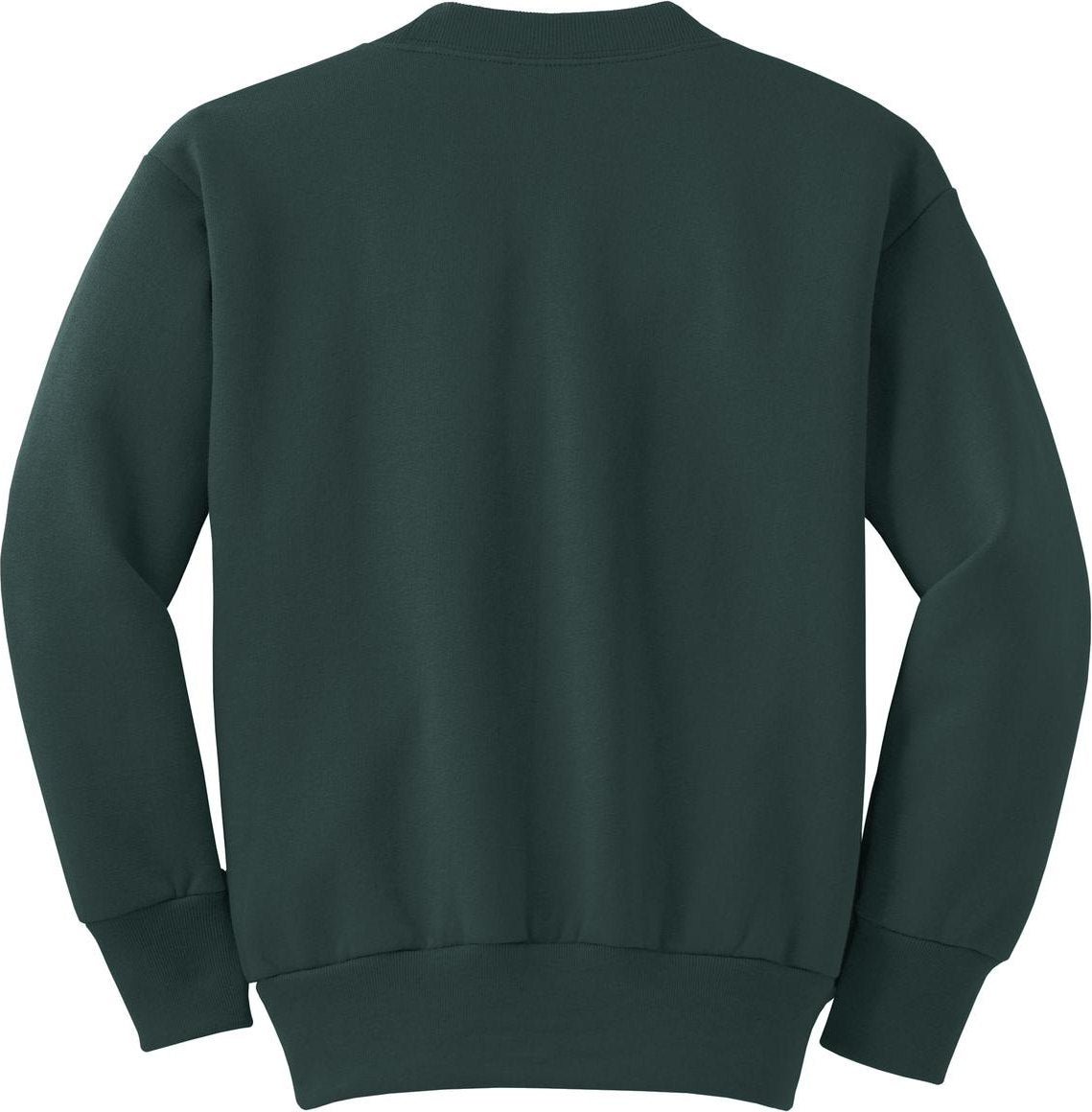 Front View of Dark Green Port & Co Youth Core Fleece Crewneck Sweatshirt. PC90Y