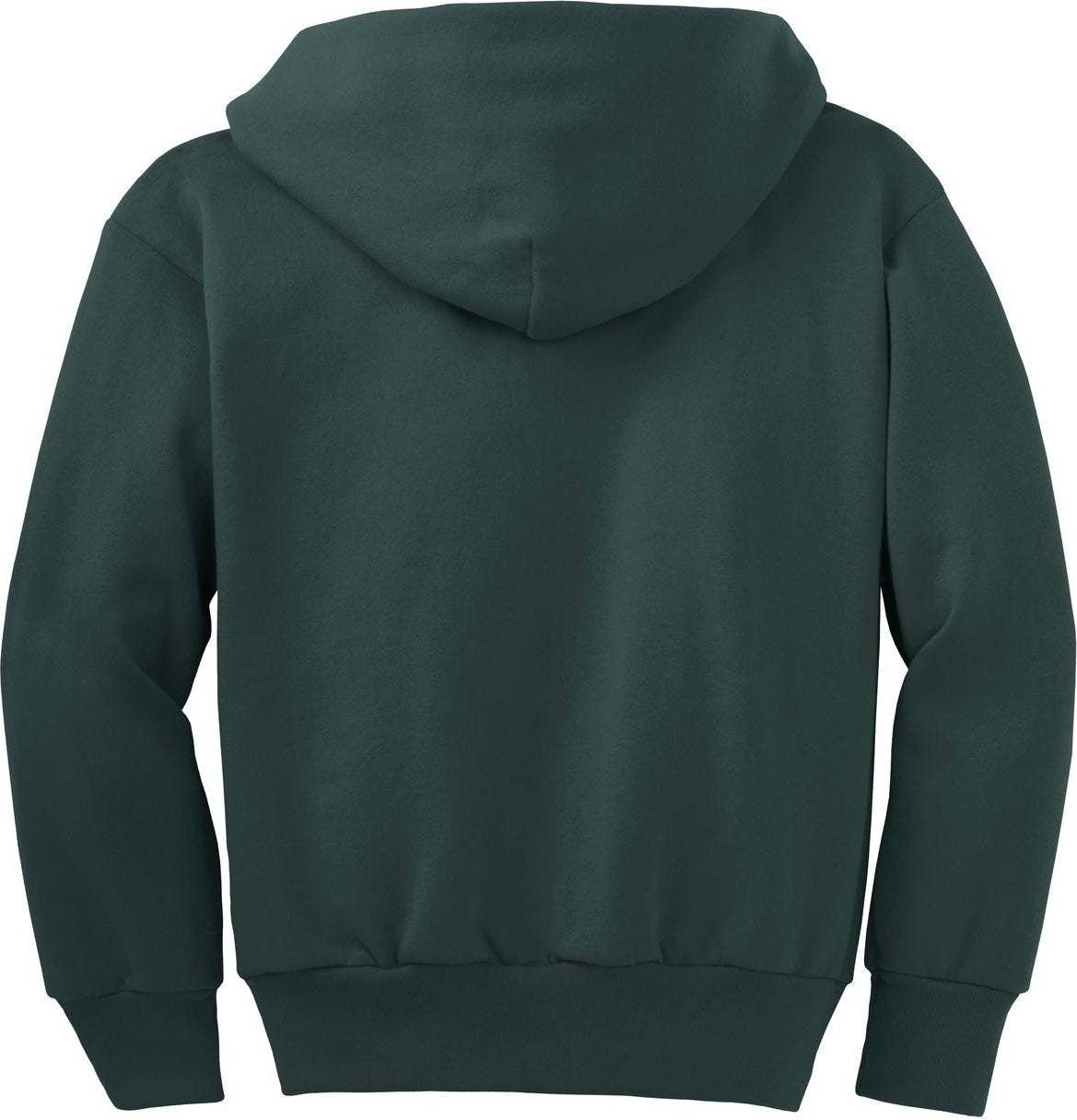 Front View of Dark Green Port & Co Youth Core Fleece Full-Zip Hooded Sweatshirt. PC90YZH