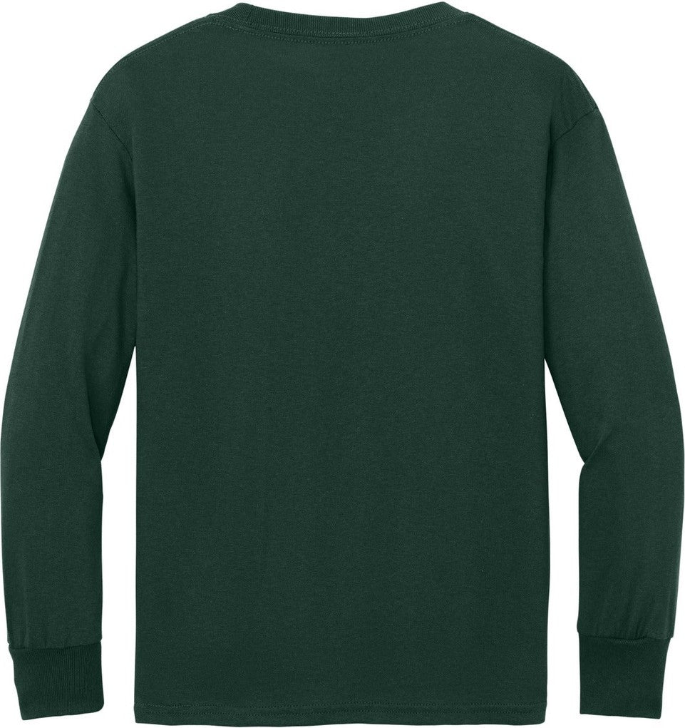 Rear View of Dark Green Port & Co Youth Long Sleeve Core Cotton Tee. PC54YLS