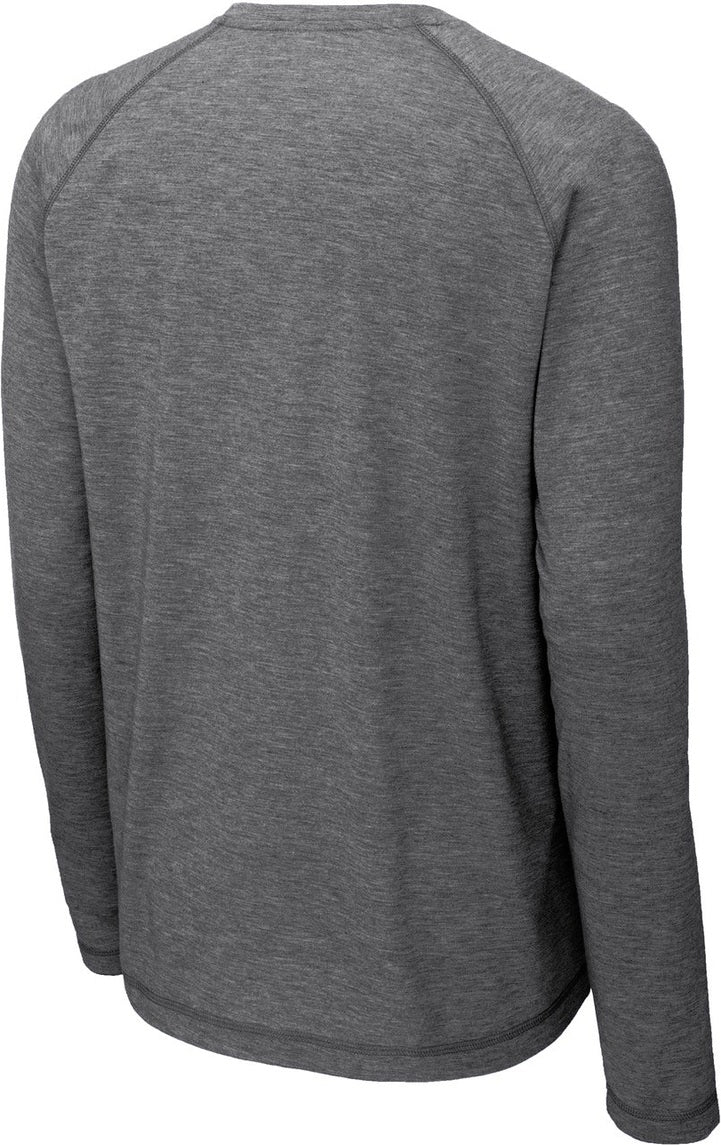 Rear View of Dark Grey Hthr Sport-Tek PosiCharge Long Sleeve Tri-Blend Wicking Raglan Tee ST400LS